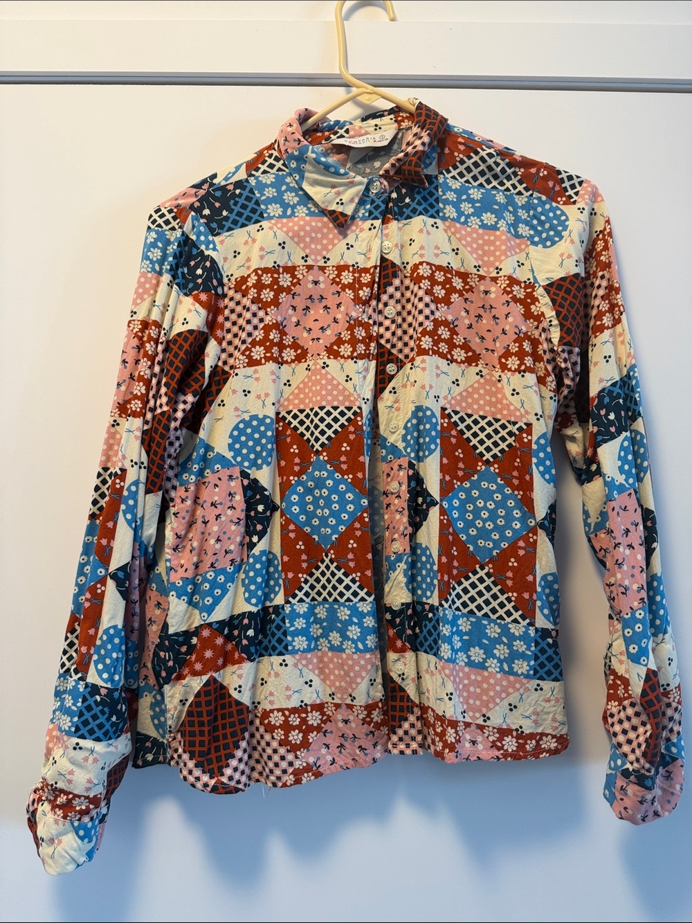 Patchwork Print Button-Down Shirt - Blue Pink Rust